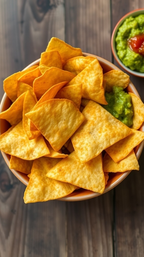 A bowl of crispy tortilla chips with guacamole and salsa on a rustic wooden table.